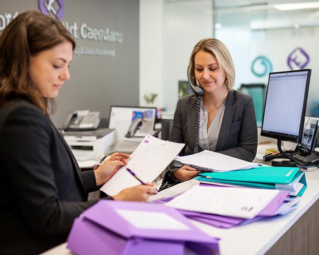 Client care staff in a modern reception area preparing case notes and answering calls