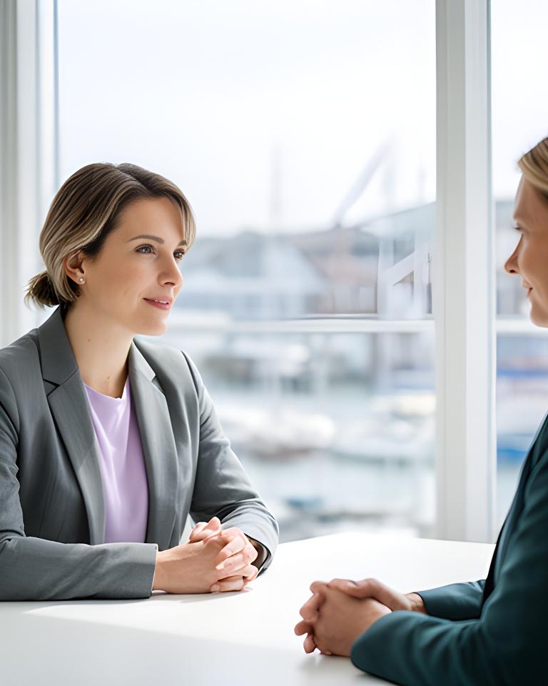 Solicitor meeting a parent in a bright office near the harbour in Dún Laoghaire