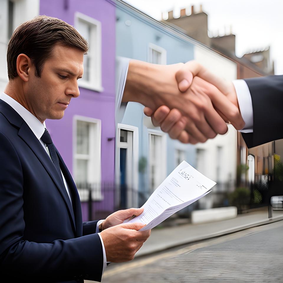 Solicitor reviewing a lease beside a bright Dublin terrace house with a handshake scene in the background