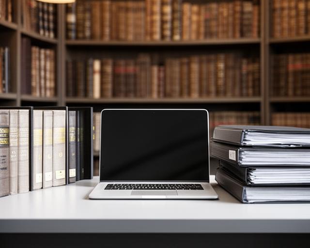 Law books and neatly arranged case files in a bright legal library beside a laptop