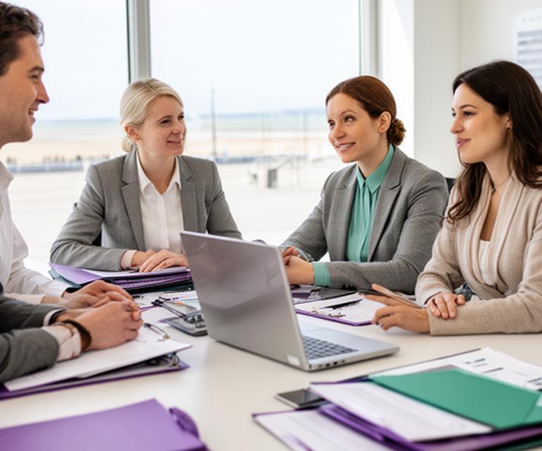 Solicitor team meeting in a bright office beside West Pier with case files and a laptop on the table