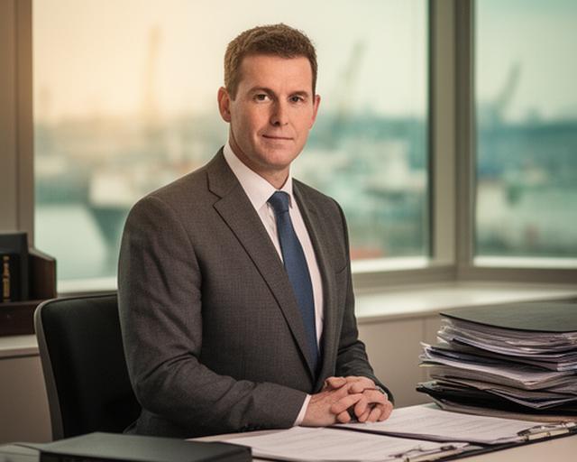 Principal solicitor in a calm office with legal files and a harbour light through the window