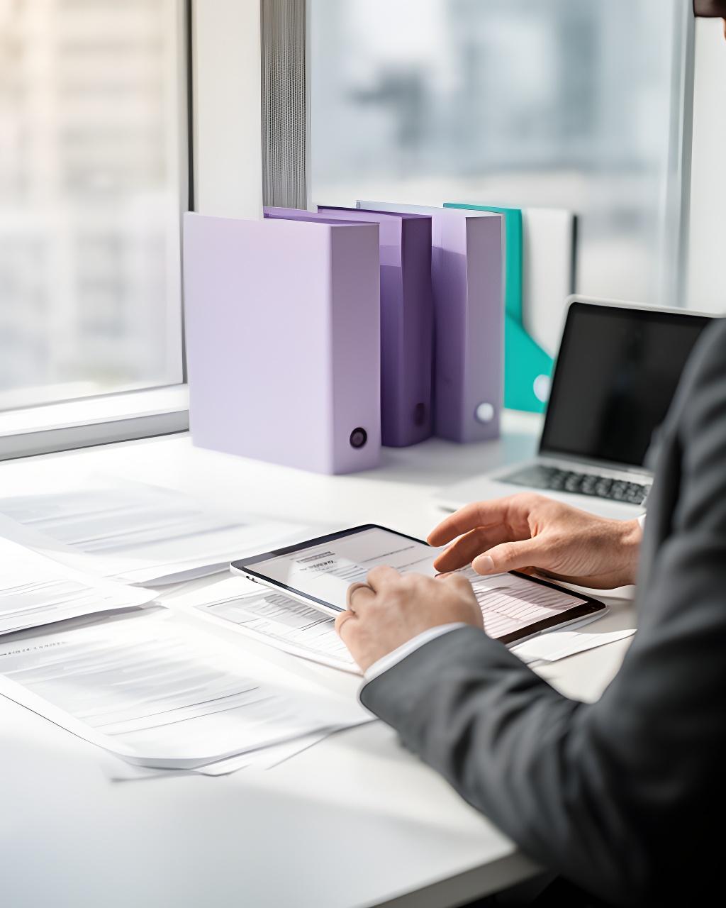 Solicitor reviewing client records at a desk in a bright Dún Laoghaire office
