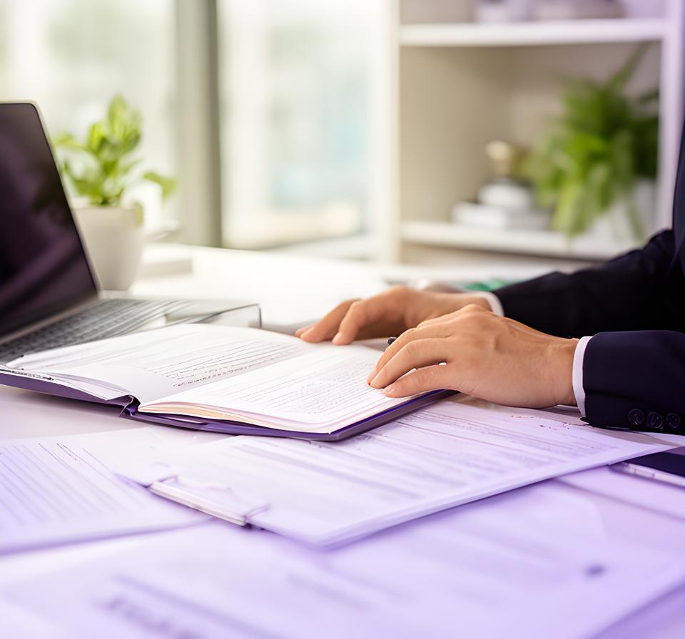 Solicitor reviewing estate documents in a bright Dún Laoghaire office beside a notebook, laptop, and signed papers